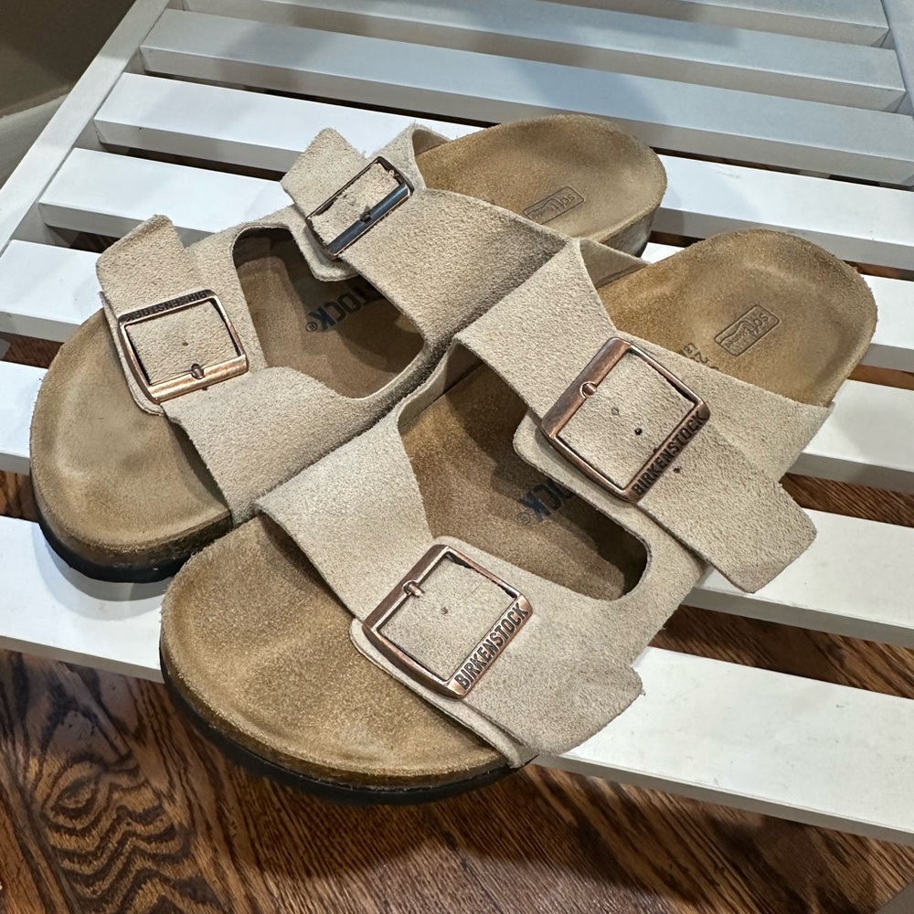Taupe suede Birkenstock sandals